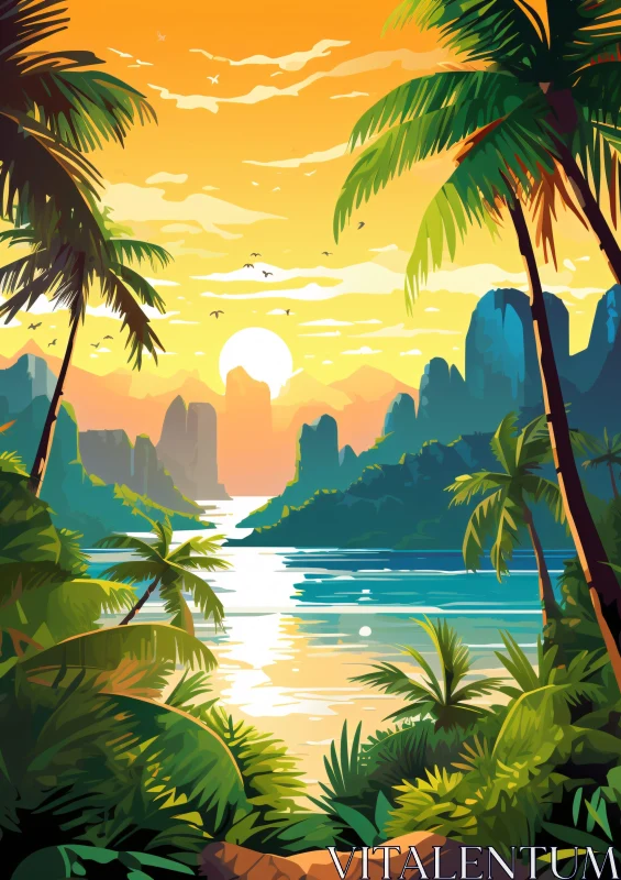 AI ART Sunset Paradise: Tropical Landscape with Palm Trees