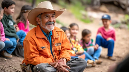 Elderly Man Engaging with Children Outdoors