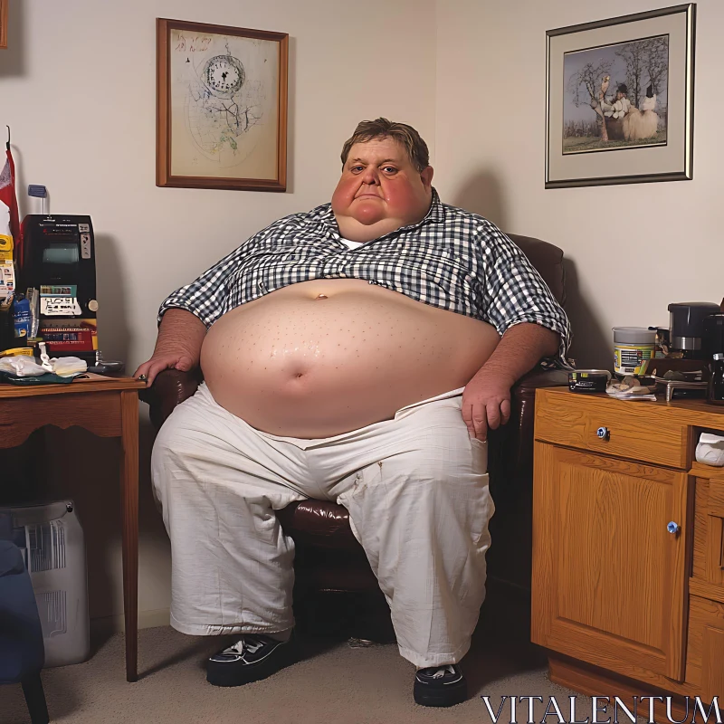 Large Man Seated in Room with Personal Belongings AI Image