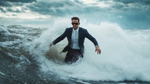 Man in Suit with Ocean Waves