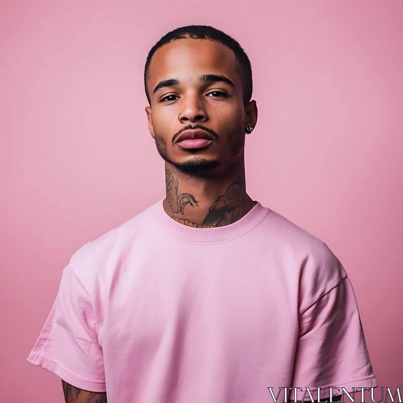 Young Man in Pink T-Shirt with Neck Tattoos AI Image