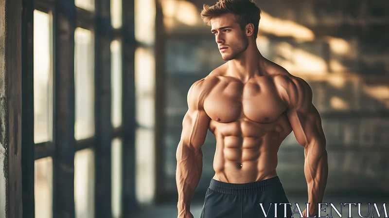 Athletic Man Showcasing Toned Physique in Industrial Ambiance AI Image