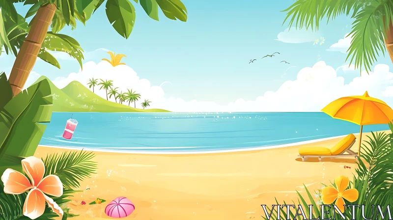 Serene Beach with Palm Trees and Clear Waters AI Image