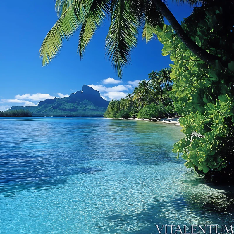 Serene Coastal Island with Vibrant Blue Waters and Majestic Mountain AI Image