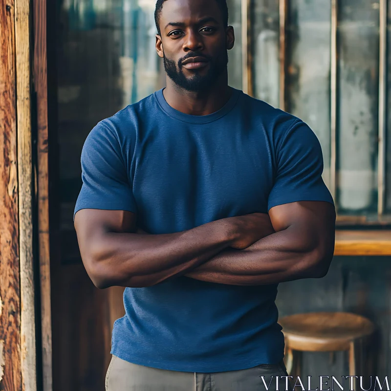 Portrait of a Muscular Man in Blue Tee AI Image