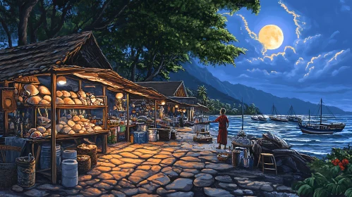 Rustic Seaside Village Market at Night