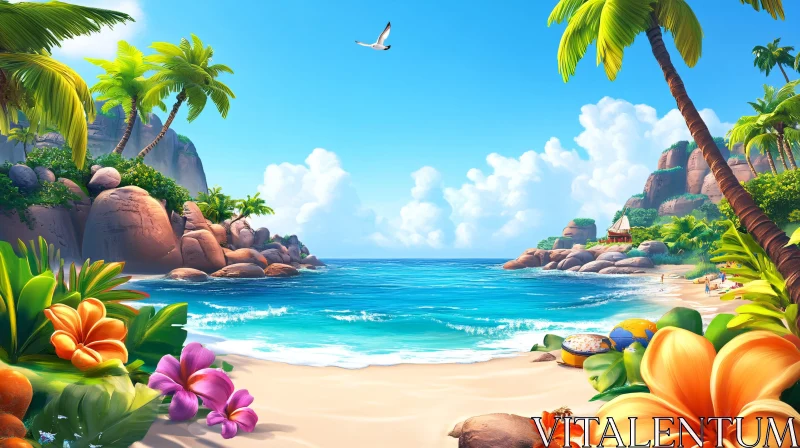 Serene Tropical Beach with Colorful Flowers and Palm Trees AI Image