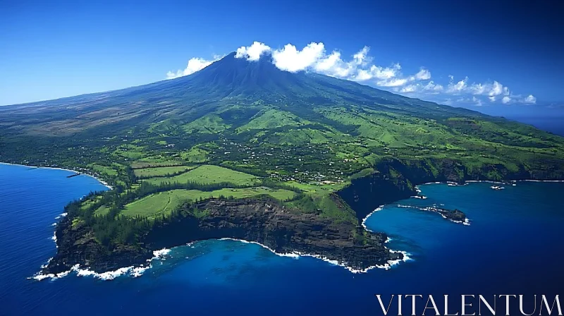 Idyllic Island with Cloud-Kissed Mountain and Vibrant Sea AI Image