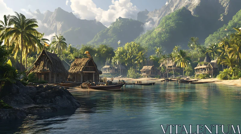 Lush Tropical Island with Traditional Villages and Mountains AI Image