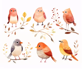 Playful Birds on Branches Illustration