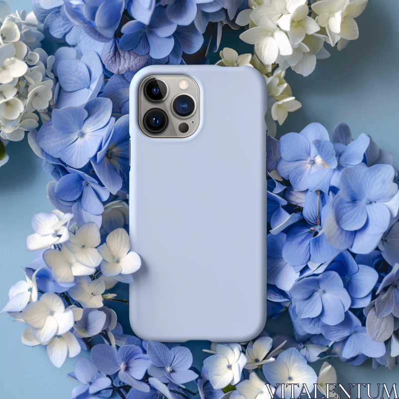 AI ART Phone with Blue Case in Hydrangea Setting