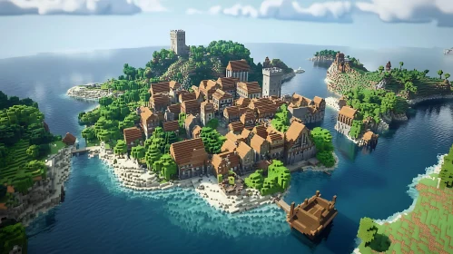 Medieval Blocky Coastal Village in Digital Art