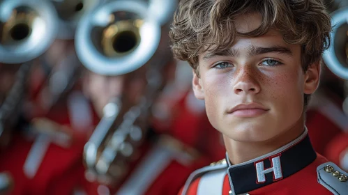 Freckled Individual in Brass Band Attire