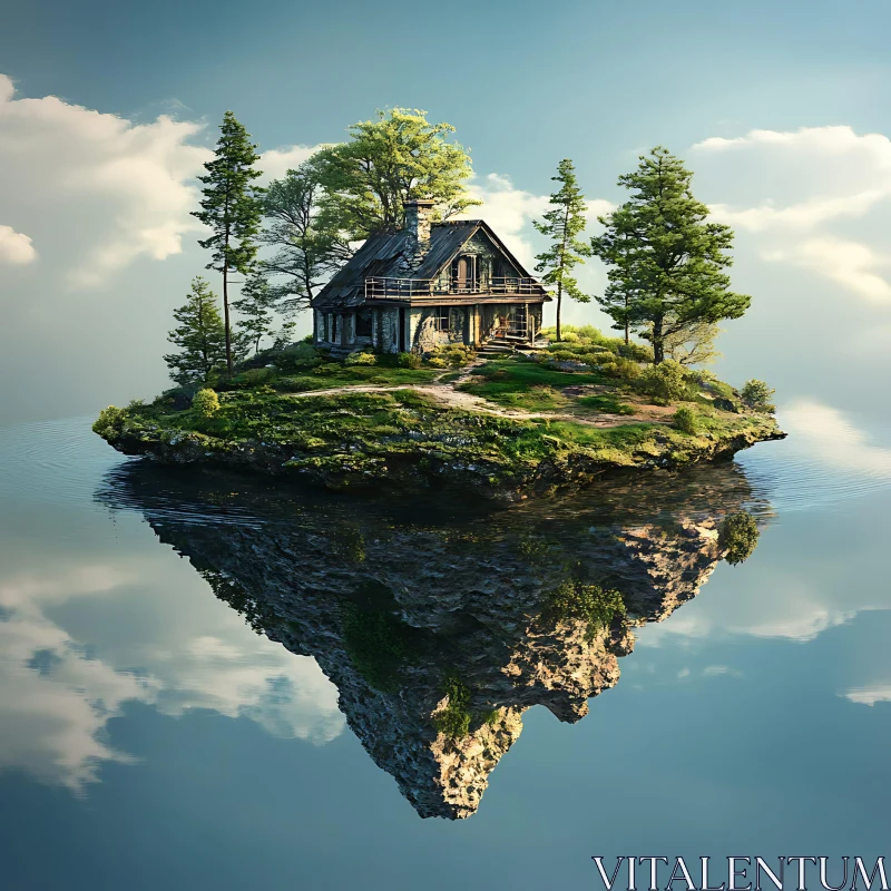 Serene Floating Island with House and Trees AI Image