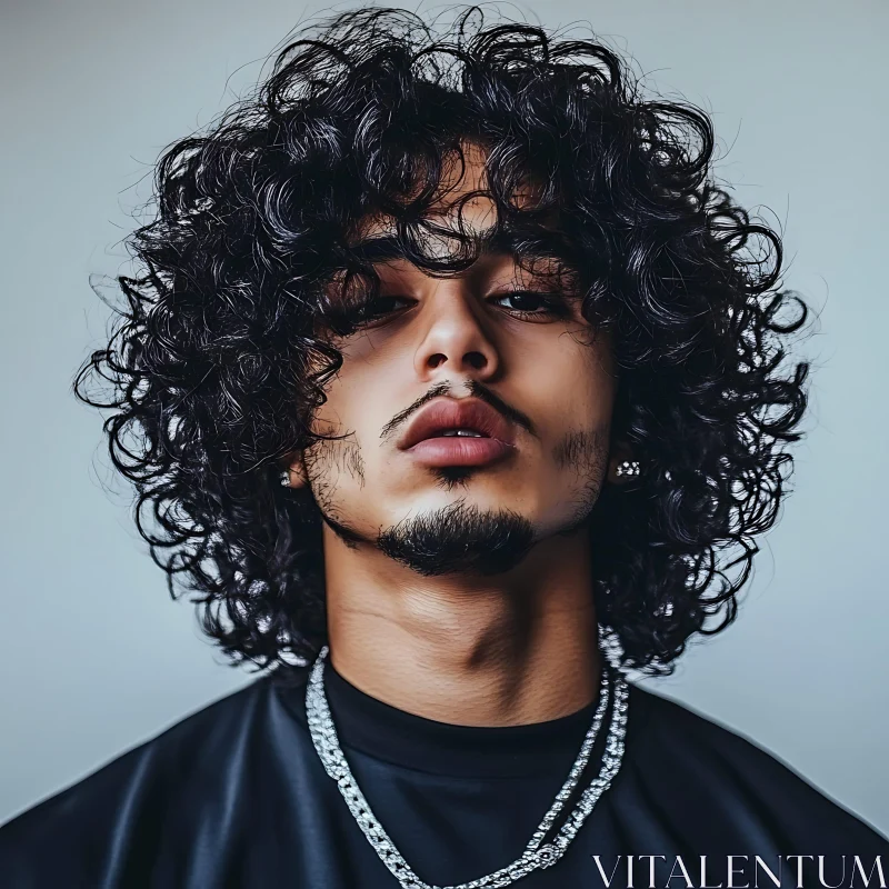 Confident Man with Curly Hair and Stylish Jewelry AI Image