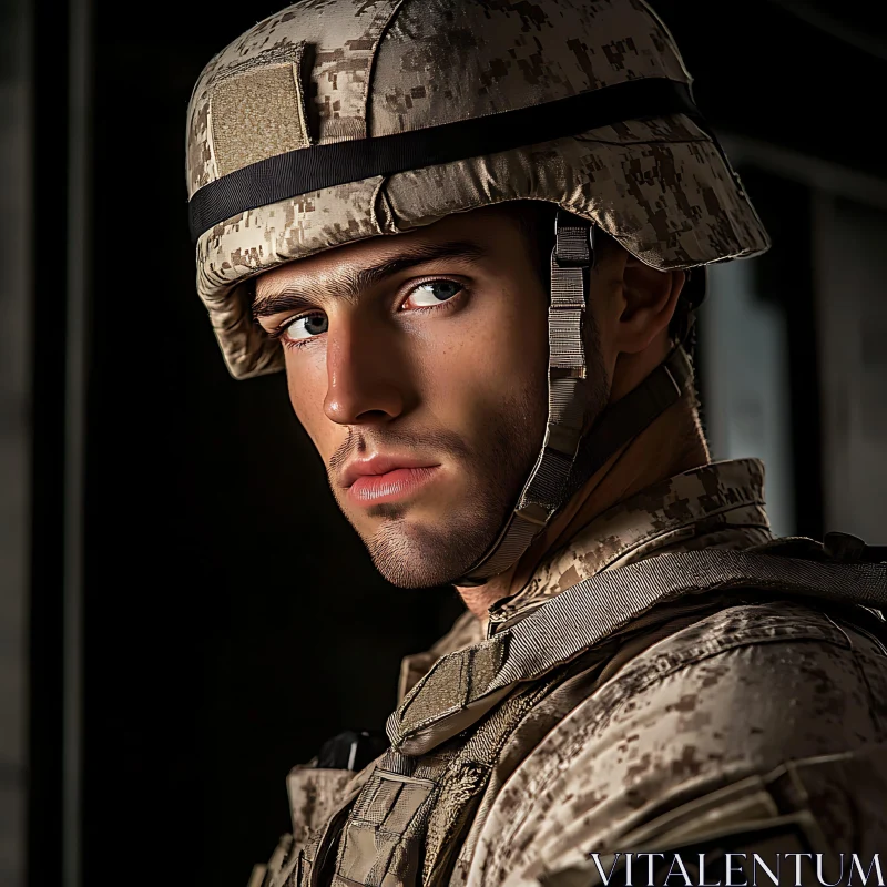 Focused Soldier in Helmet and Uniform AI Image