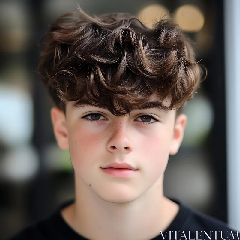 Young Boy with Curly Hair and Calm Expression AI Image