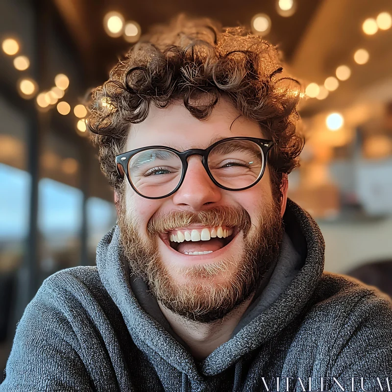 Happy Man in Glasses and Grey Hoodie Laughing AI Image