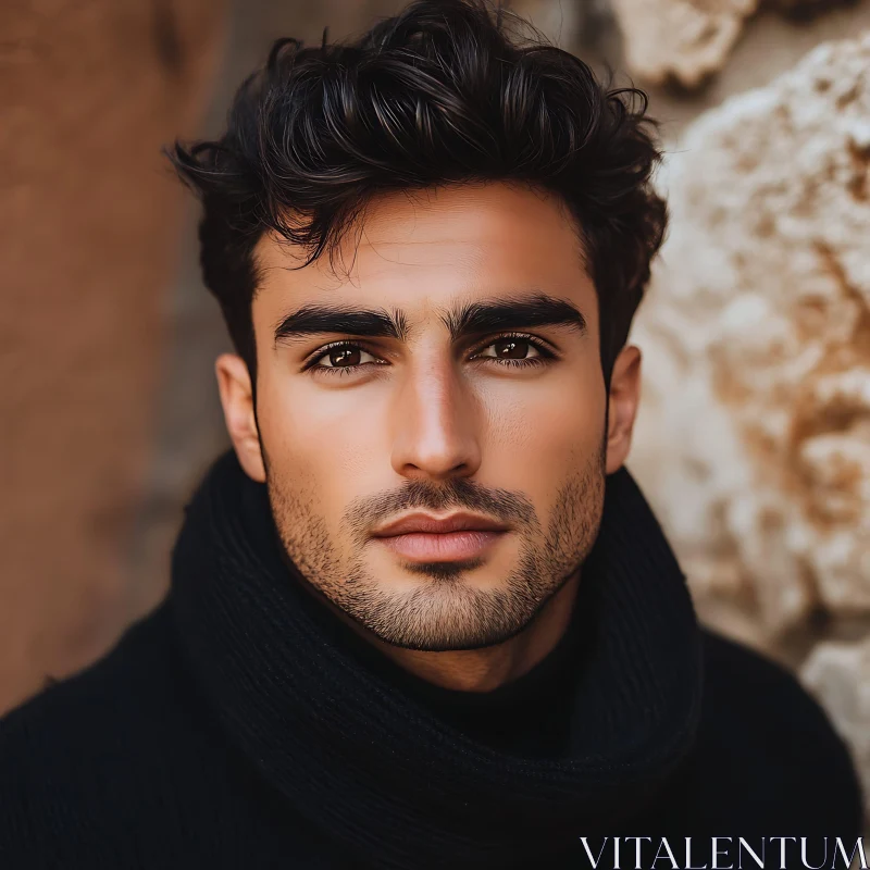 Handsome Man with Black Scarf and Expressive Eyes AI Image