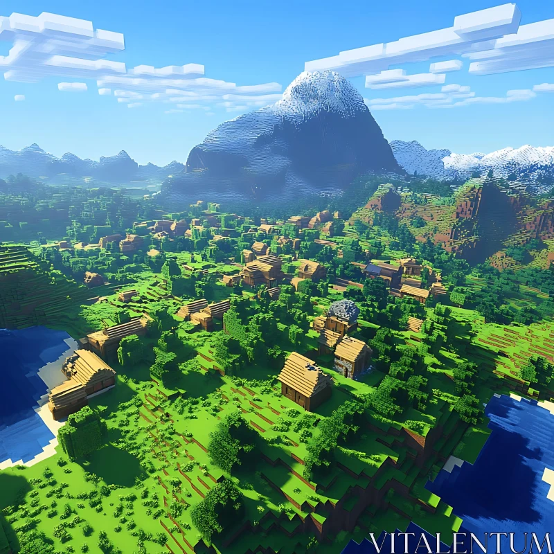 Pixelated Scenic Village and Majestic Mountain AI Image