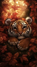 Tiger Cub in Autumn Leaves