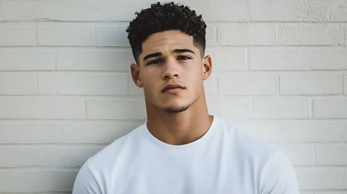 Young Man with Curly Hair in White T-Shirt