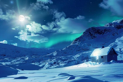 Aurora Over Snowy Landscape and Cabin