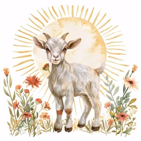 Pastoral Goat in Sunlit Floral Setting