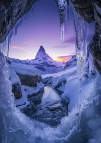 Sunset Mountain Framed by Snowy Cave