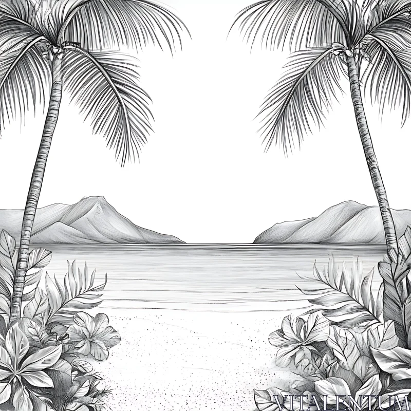 Serene Island Seascape in Monochrome AI Image