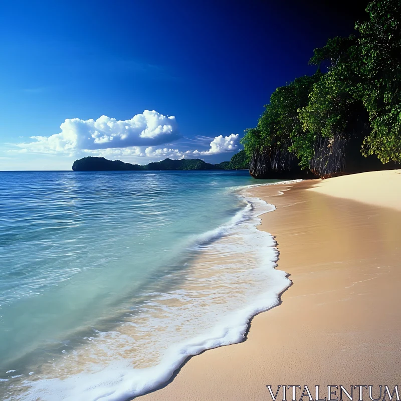 Peaceful Beach Scene with Waves and Trees AI Image