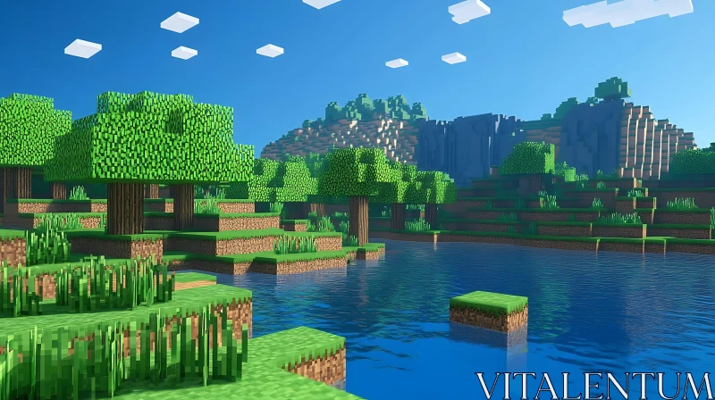 AI ART Blocky Trees and Serene Water in a Video Game World