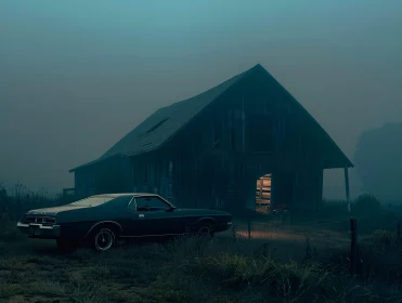 Foggy Scene with Barn and Vintage Car