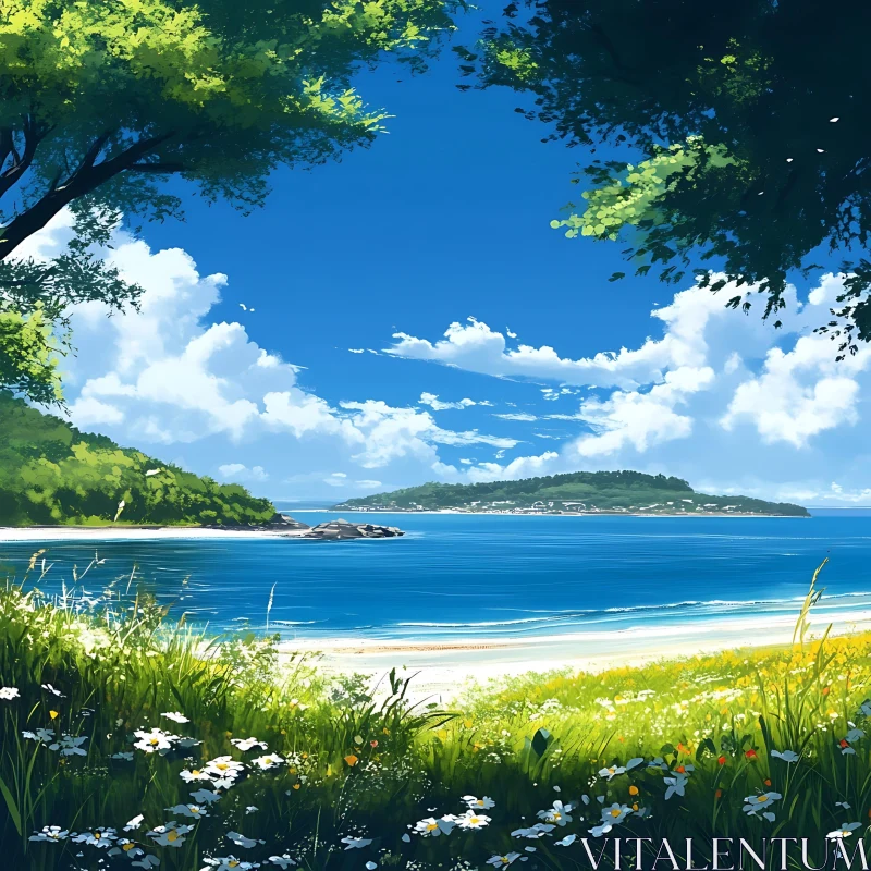 Serene Beach Landscape with Distant Island AI Image