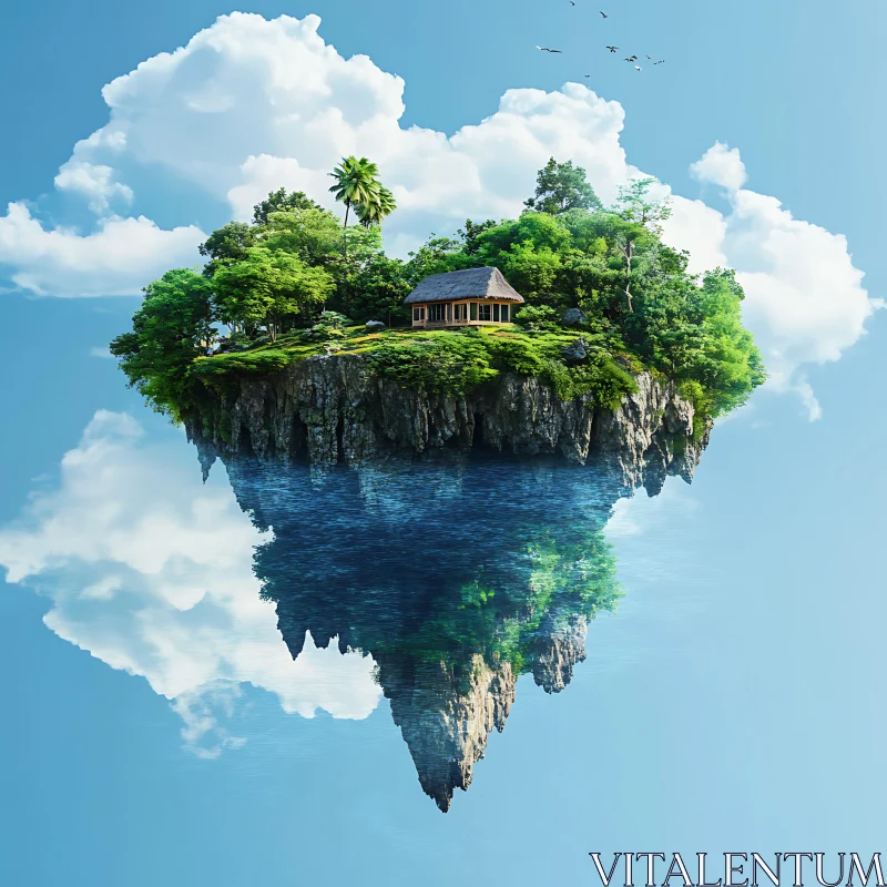 Lush Floating Island with Reflective Waters AI Image