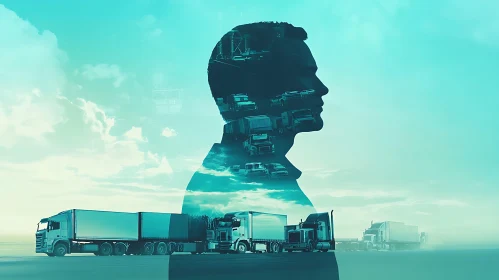 Surreal Mixed Media Artwork of Man and Trucks