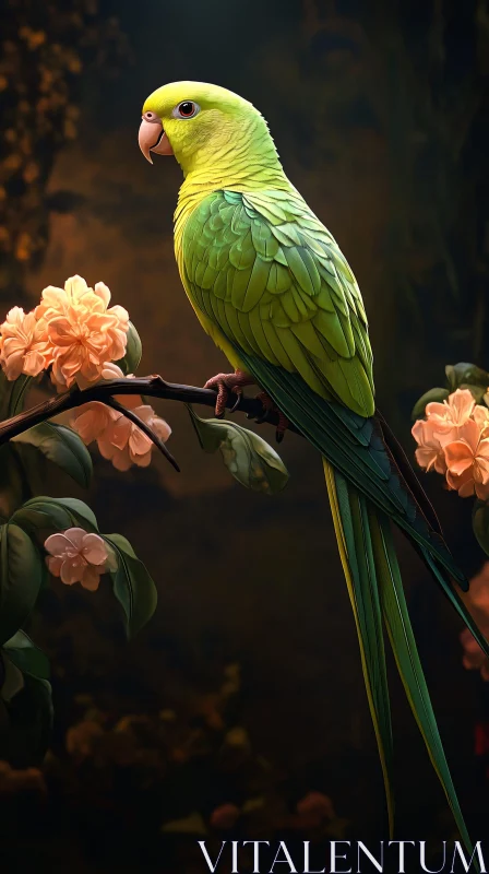 AI ART Green Parrot Perched on Floral Branch