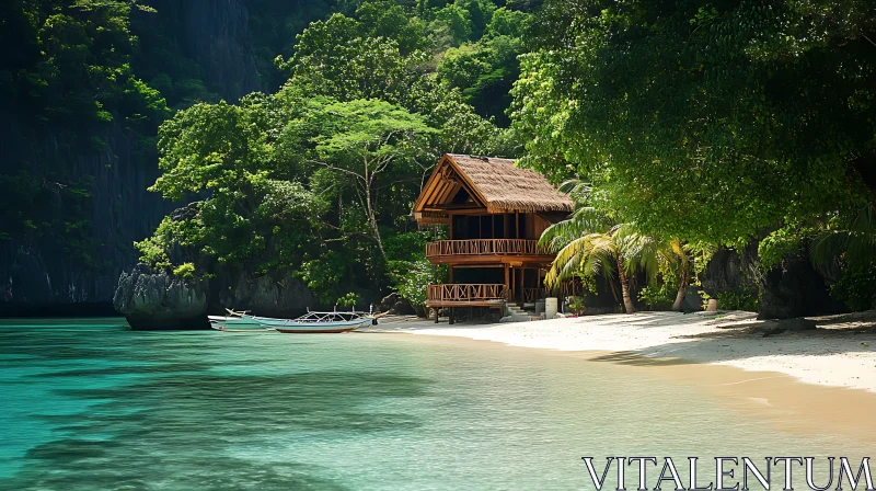 Tranquil Tropical Beach Scene with Wooden Hut AI Image