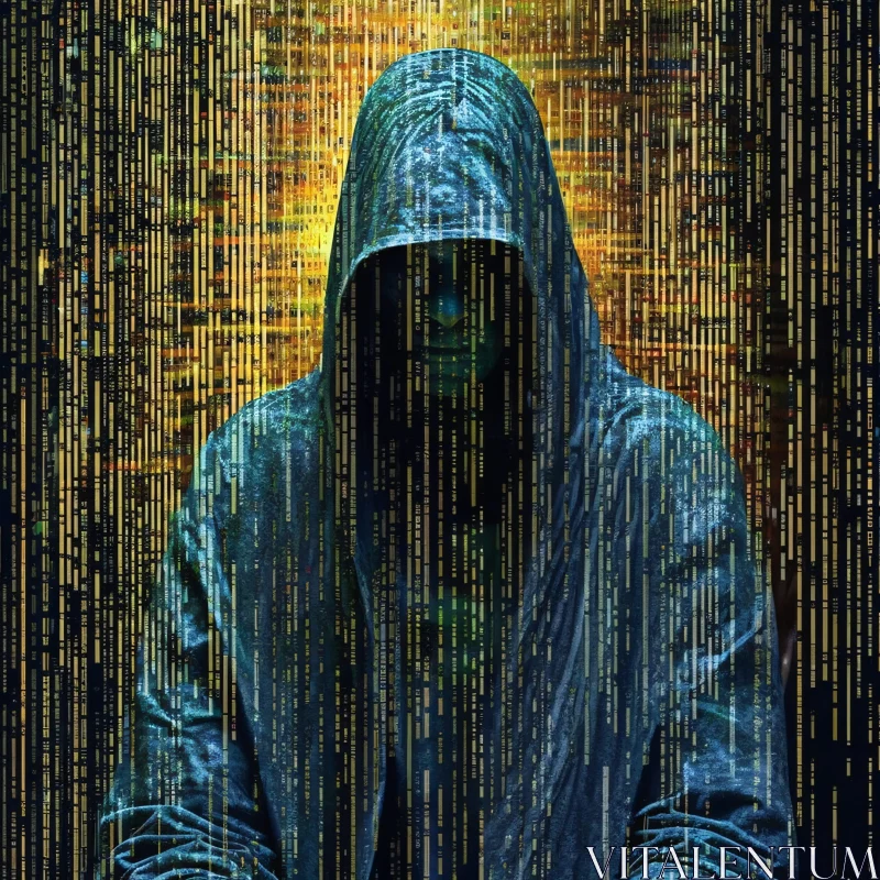 Enigmatic Figure and Matrix Code AI Image