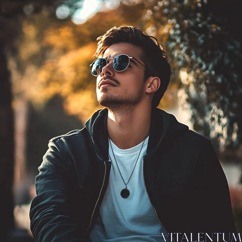 Thoughtful Man in Sunglasses and Leather Jacket AI Image