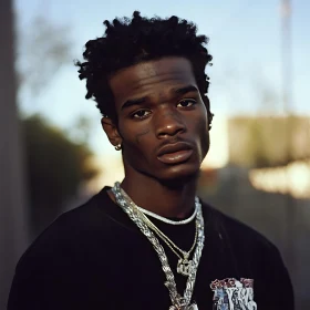 Young Man in Urban Setting with Silver Accessories