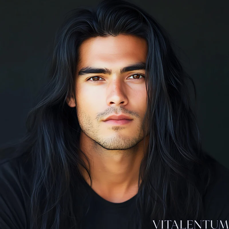 Introspective Male Portrait with Long Hair AI Image