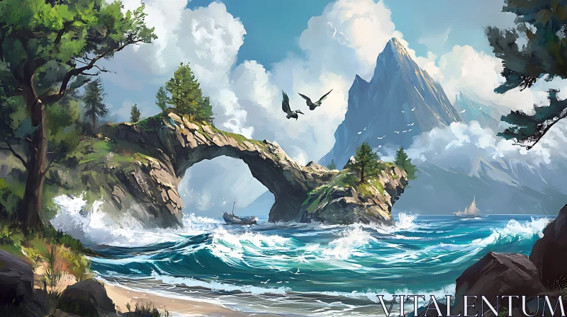 Oceanic View with Arch and Mountain Peaks AI Image