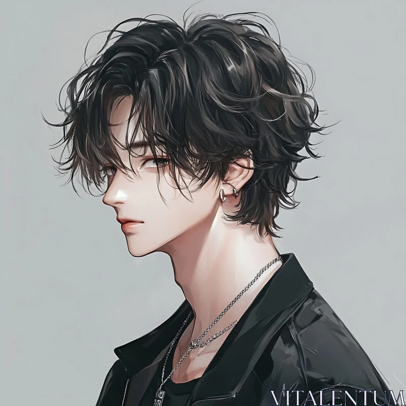 Stylish Anime Man in Profile with Tousled Dark Hair AI Image