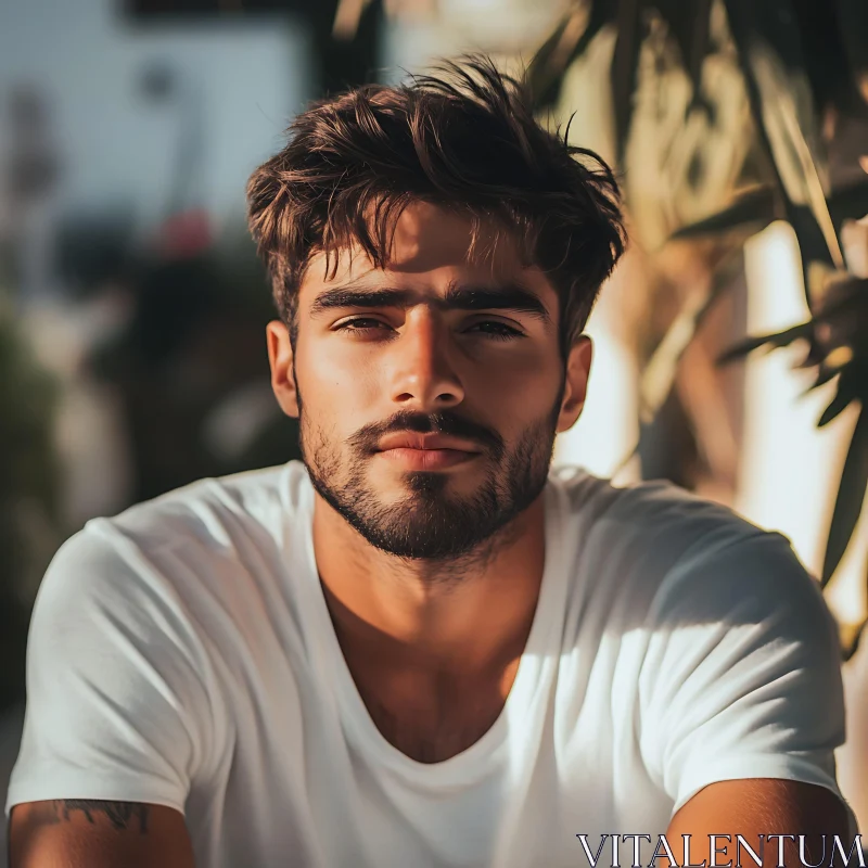 Sunlit Man Portrait with Beard and Tousled Hair AI Image