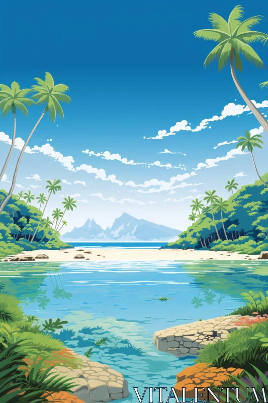 Tranquil Island Landscape with Palm Trees and Mountains AI Image