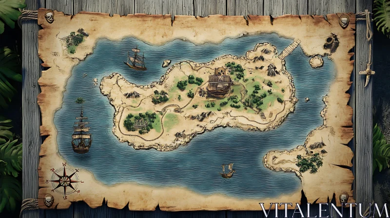 Detailed Pirate Island Map on Aged Parchment AI Image