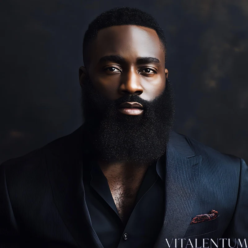 Bearded Man in Elegant Navy Blue Suit AI Image