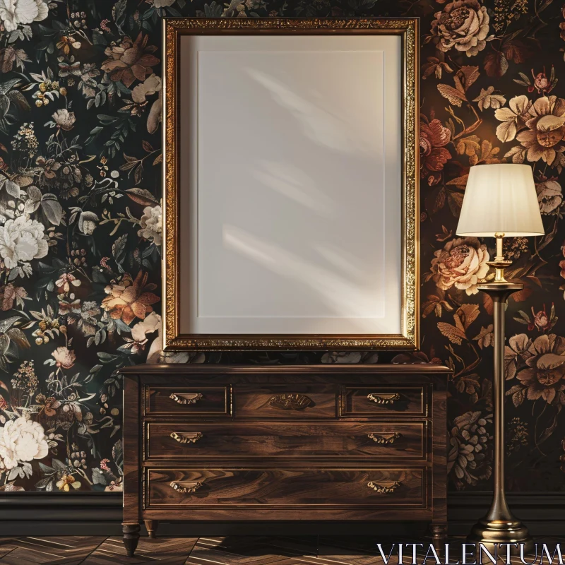 AI ART Vintage Interior Decor with Ornate Frame and Floral Wallpaper