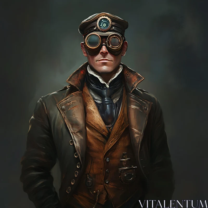 Steampunk Figure with Mechanical Goggles and Leather Coat AI Image